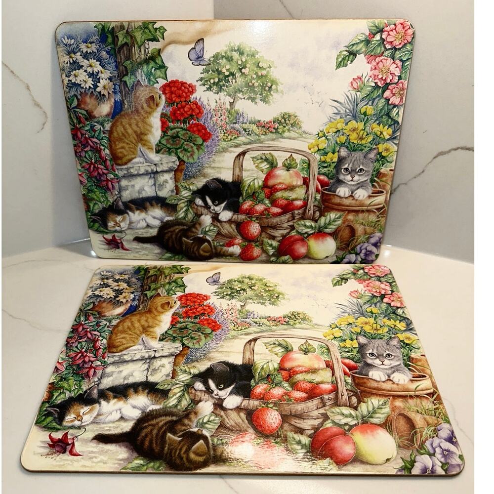Set of 2 Cork Backed Playful Kitten Garden Table Mats Creative Tops Wall Decor